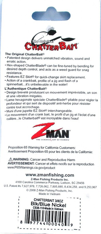 12- Z-Man 3/8 Oz The Original Chatterbait Fishing Lure Black/Blue Nickel CB38110 gallery
