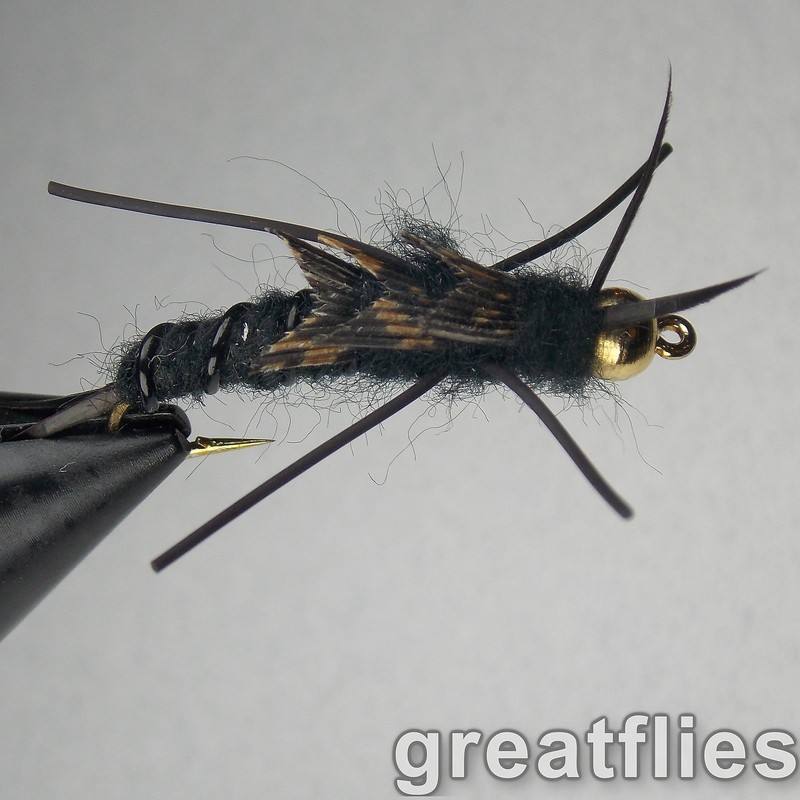 1 dozen (12) – Kaufmann’s Stonefly Nymph – BLACK – Bead Head – Rubber Legs