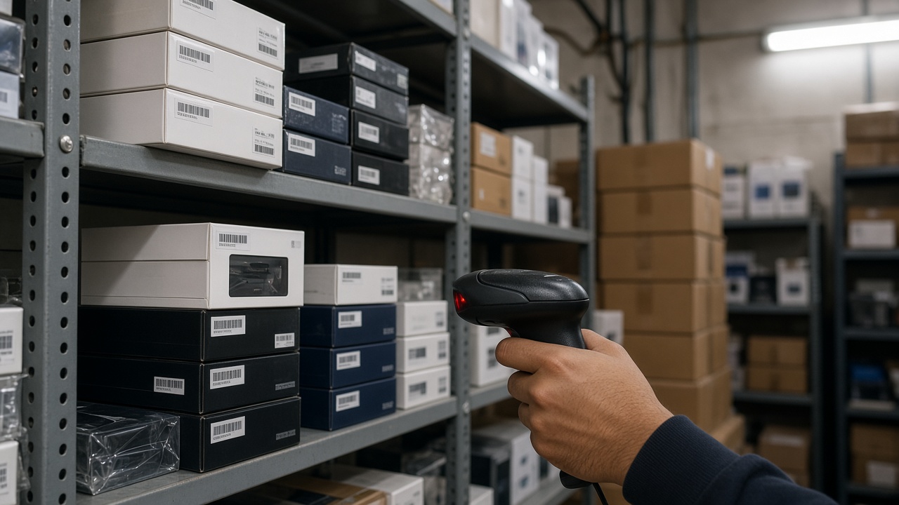 Electronics stock boxes with handheld scanner for serial inventory control