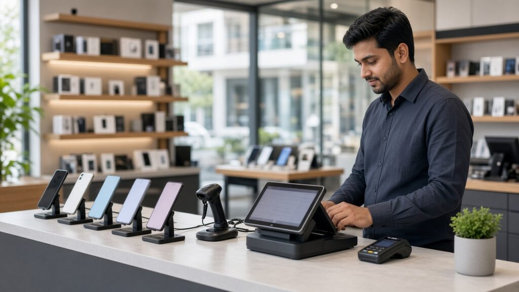 Electronics retail counter with POS terminal and smartphones on display