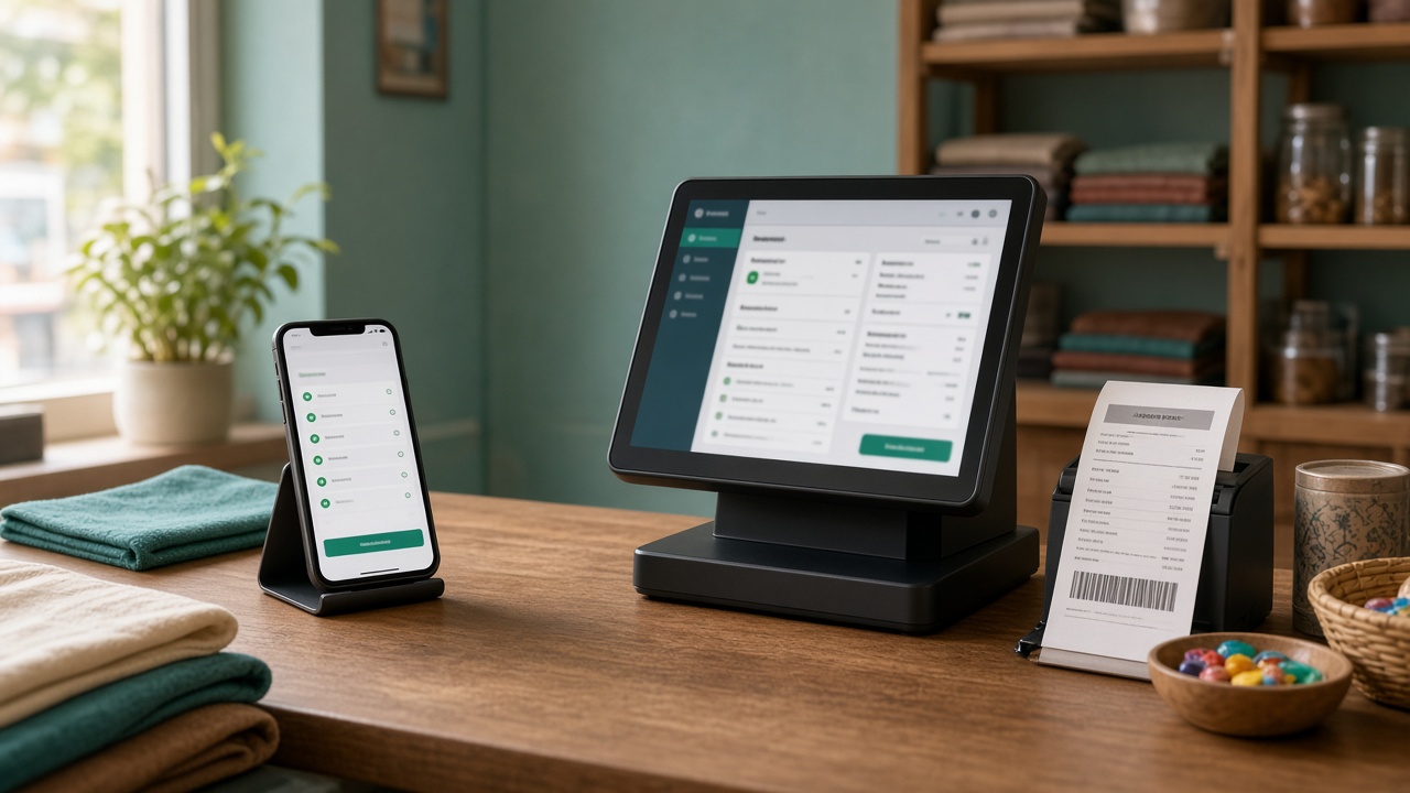 Phone billing app beside a full POS terminal for GST invoicing comparison