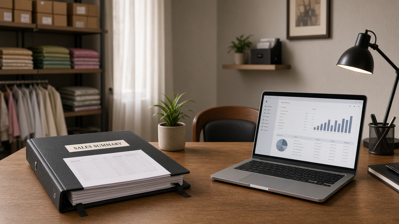 Accounts desk with sales summary folder and laptop ready for GST filing prep