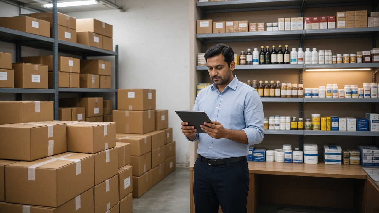 Manager checking tablet inventory beside stock boxes for multi-branch retail