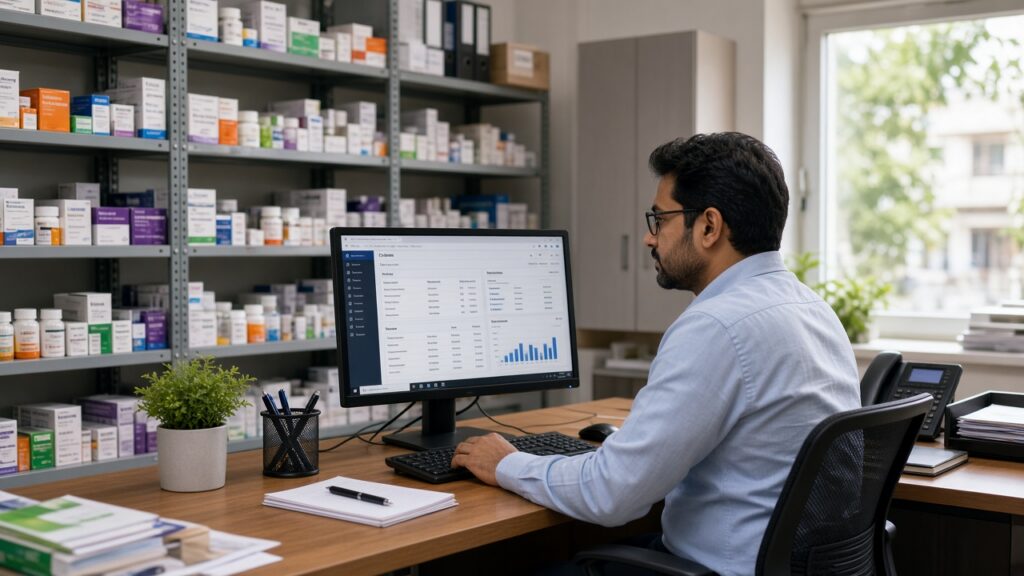 Retail back-office stock shelves with POS and inventory workflow