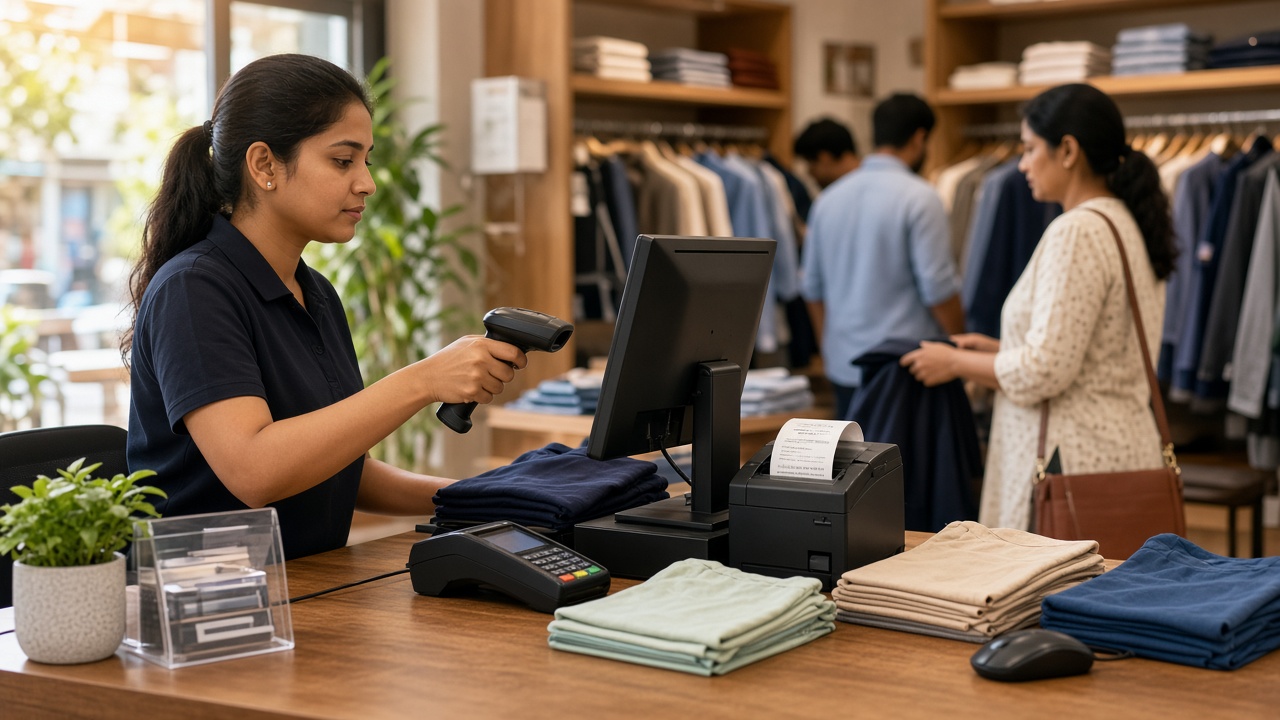 Cashier scanning barcodes with thermal GST receipt printing at retail POS