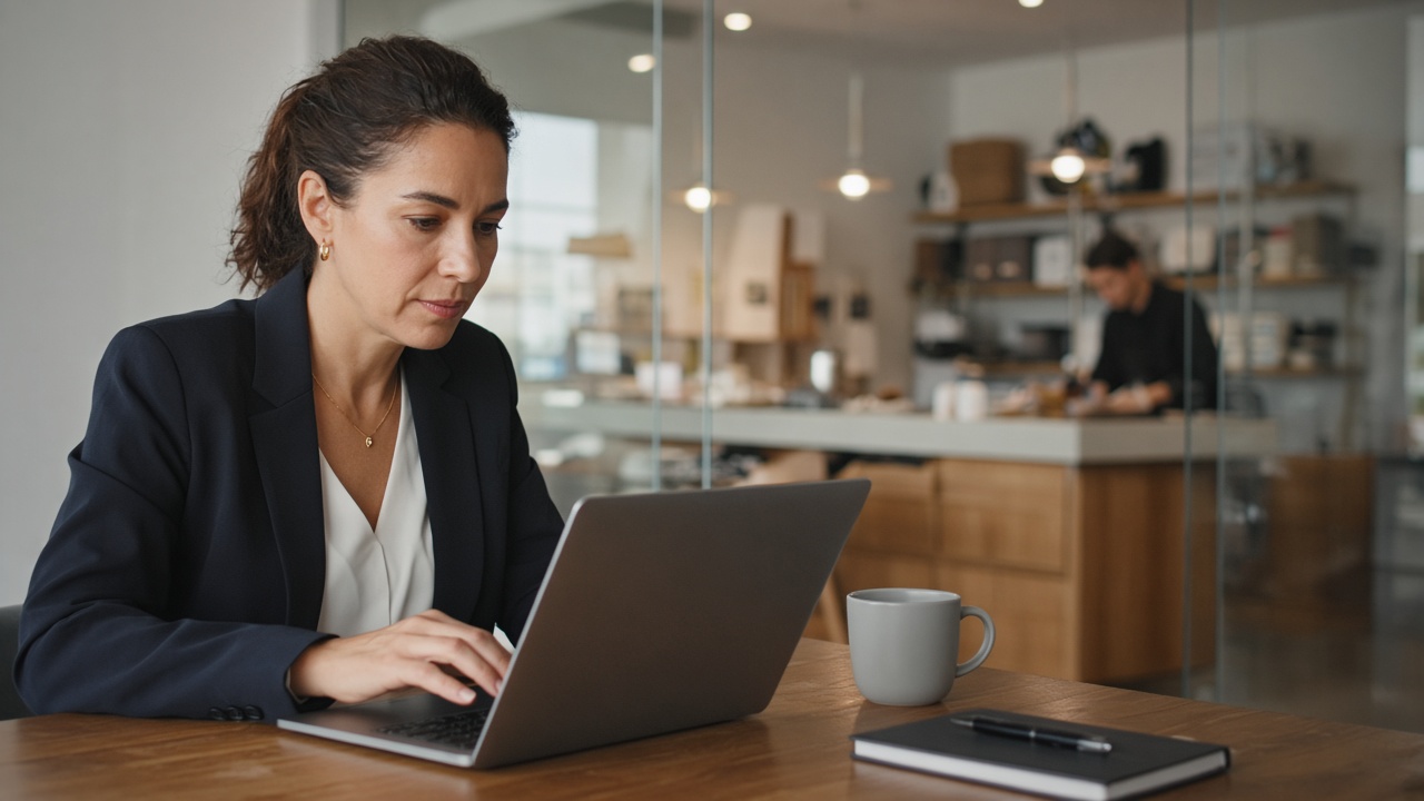 Owner reviewing multi-outlet sales on a laptop near a retail counter
