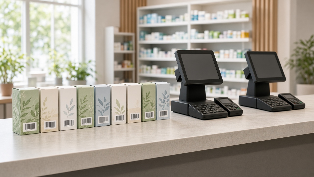 Identical barcode products beside two POS terminals for shared item masters