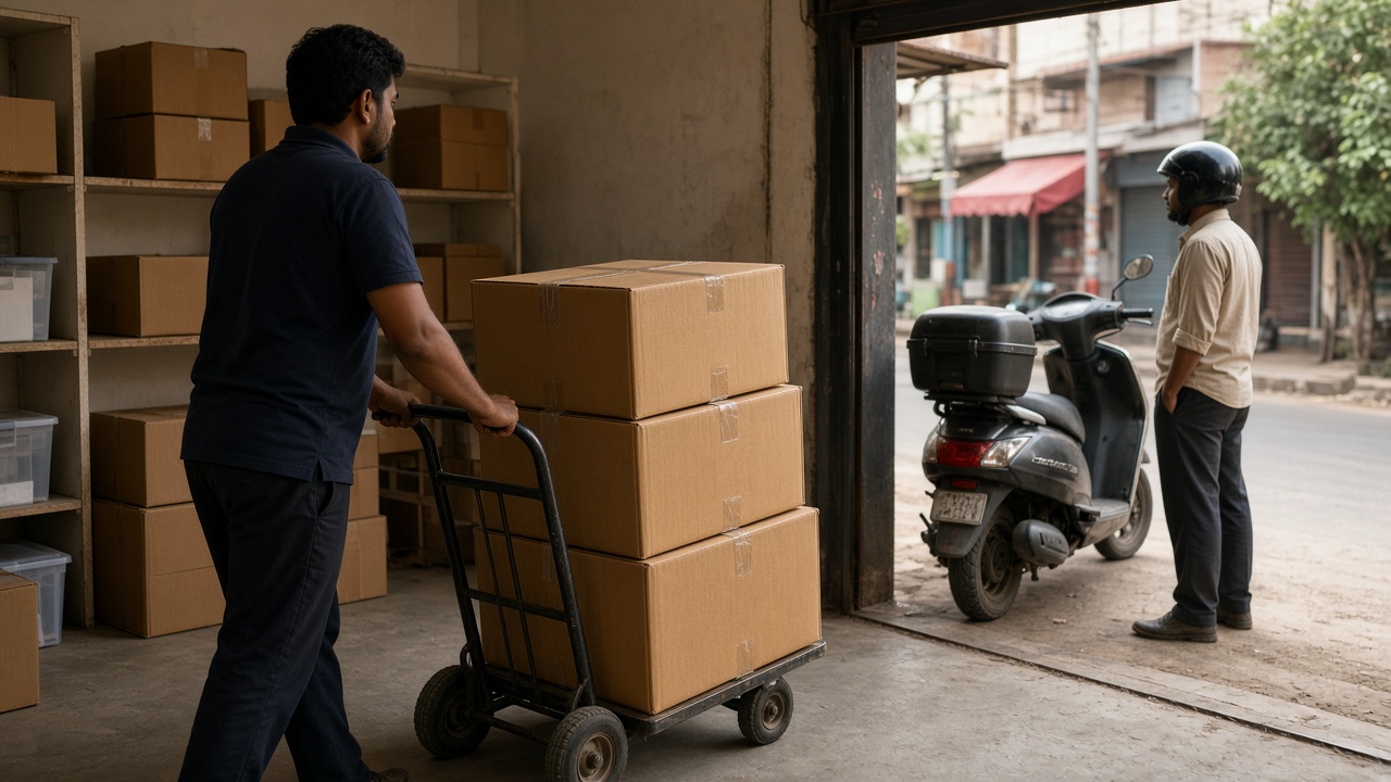 Inventory boxes moved from stockroom for transfer to a second retail store