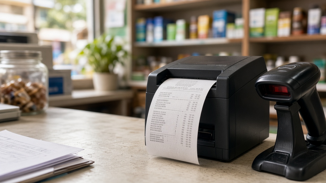 Thermal GST receipt printer and barcode scanner on retail counter