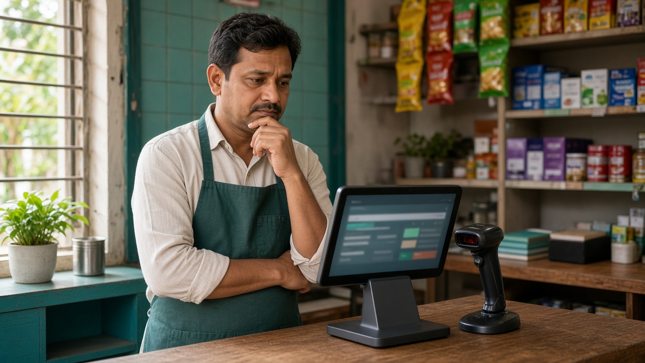Indian retail POS counter evaluating billing software alternatives